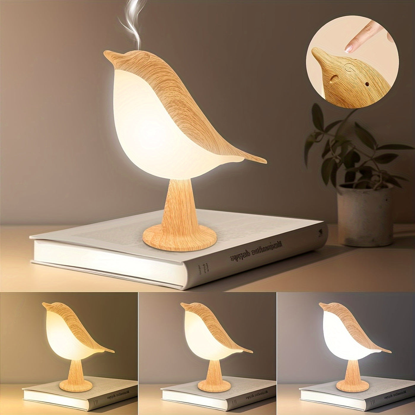 LED Vogel-Tischlampe mit Akku | 3 Lichtfarben, Touch-Steuerung & Aromadiffusor USB-ladbar