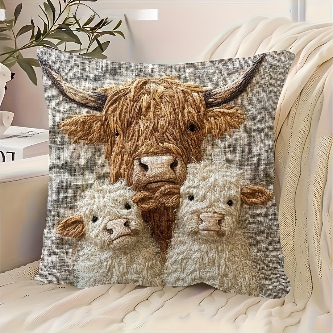 Dekokissenbezug Highland-Kuh Familie – Kuschelig & charmant im Landhausstil