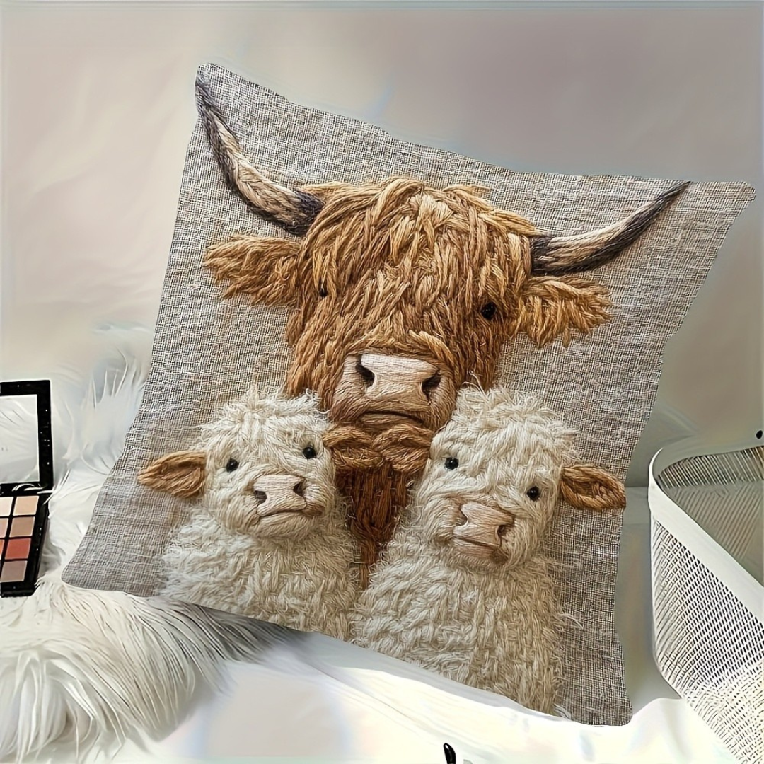 Dekokissenbezug Highland-Kuh Familie – Kuschelig & charmant im Landhausstil