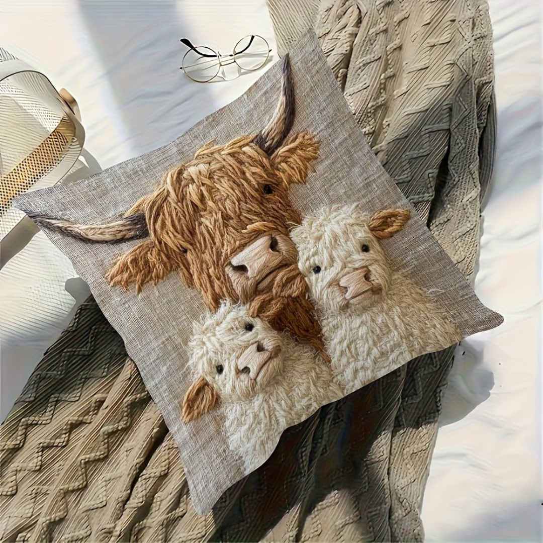 Dekokissenbezug Highland-Kuh Familie – Kuschelig & charmant im Landhausstil